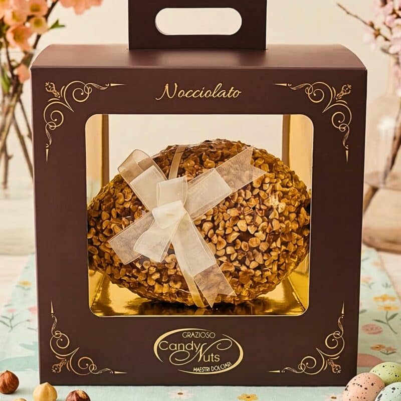 Uovo di Pasqua nocciolato 700g Grazioso Candy Nuts ricoperto di granella di nocciole in confezione regalo.