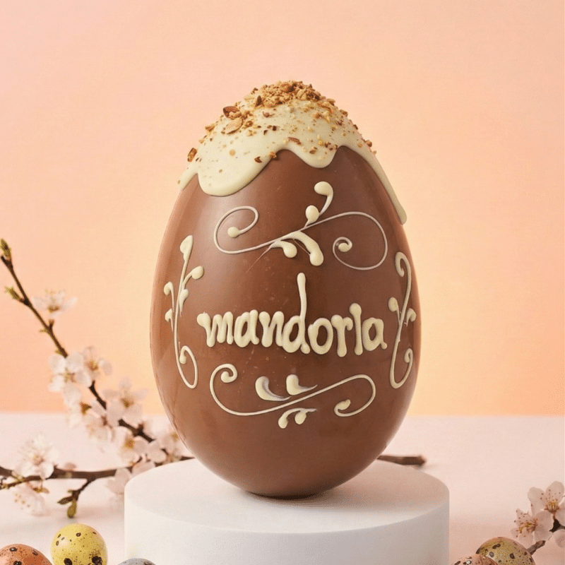 Grande uovo di Pasqua artigianale Mandorla da 700g, cioccolato al latte con colata di cioccolato bianco e granella di mandorle, decorazioni manuali bianche, su base circolare.
