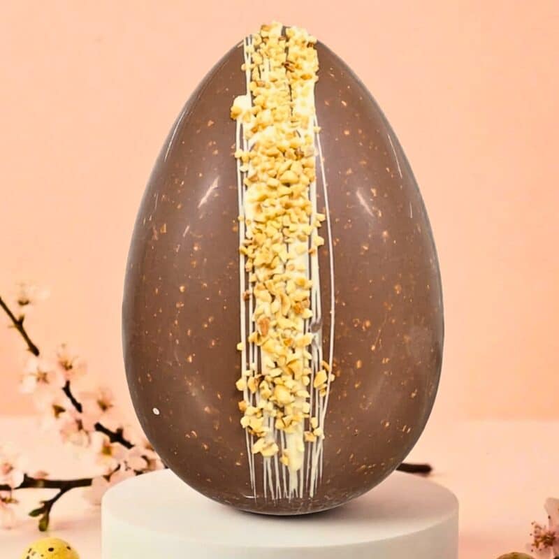 Uovo di Pasqua artigianale al cioccolato gianduia decorato con cioccolato bianco e granella di nocciole.